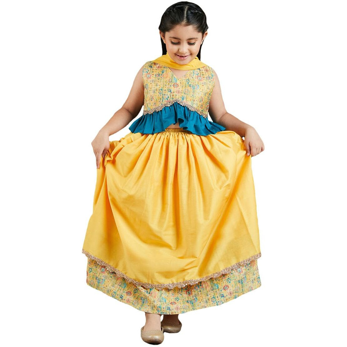 VASTRAMAY Girls' Yellow Printed Lehenga_VASGLC018YWnD_28