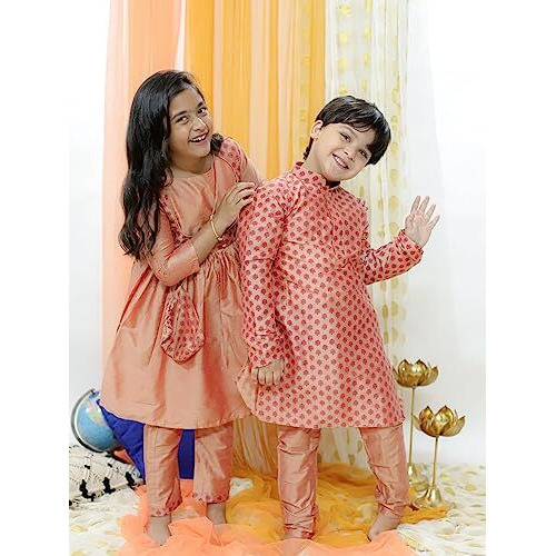 JBN Creation Boys' Pink Cotton Blend Kurta Pyjama Set & Girls' Pink Kurta And Pant Set_VASSIB071PNnPVPN_30/30