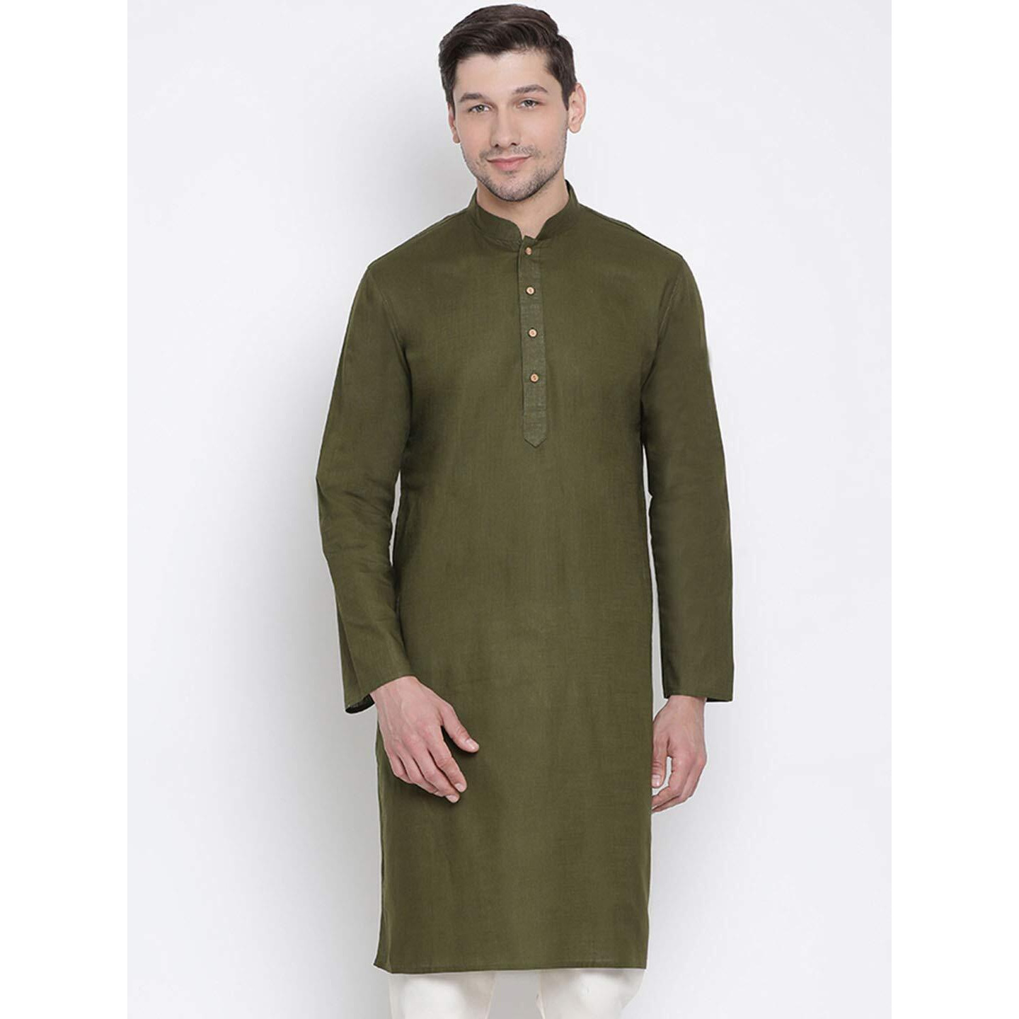 VASTRAMAY Mens Cotton Linen Mahendi Green Kurta - Timeless Elegance for Festivals & Events | Plain Solid Full Sleeves Mandarin Collar Kurta | Classic Design, Premium Comfort, and Versatile Style