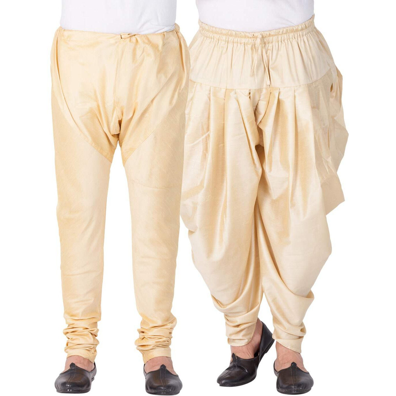 VASTRAMAY Men's Gold Silk Blend Pyjama and Cowl Dhoti Combo (VASMPGOnMCDGO_42)