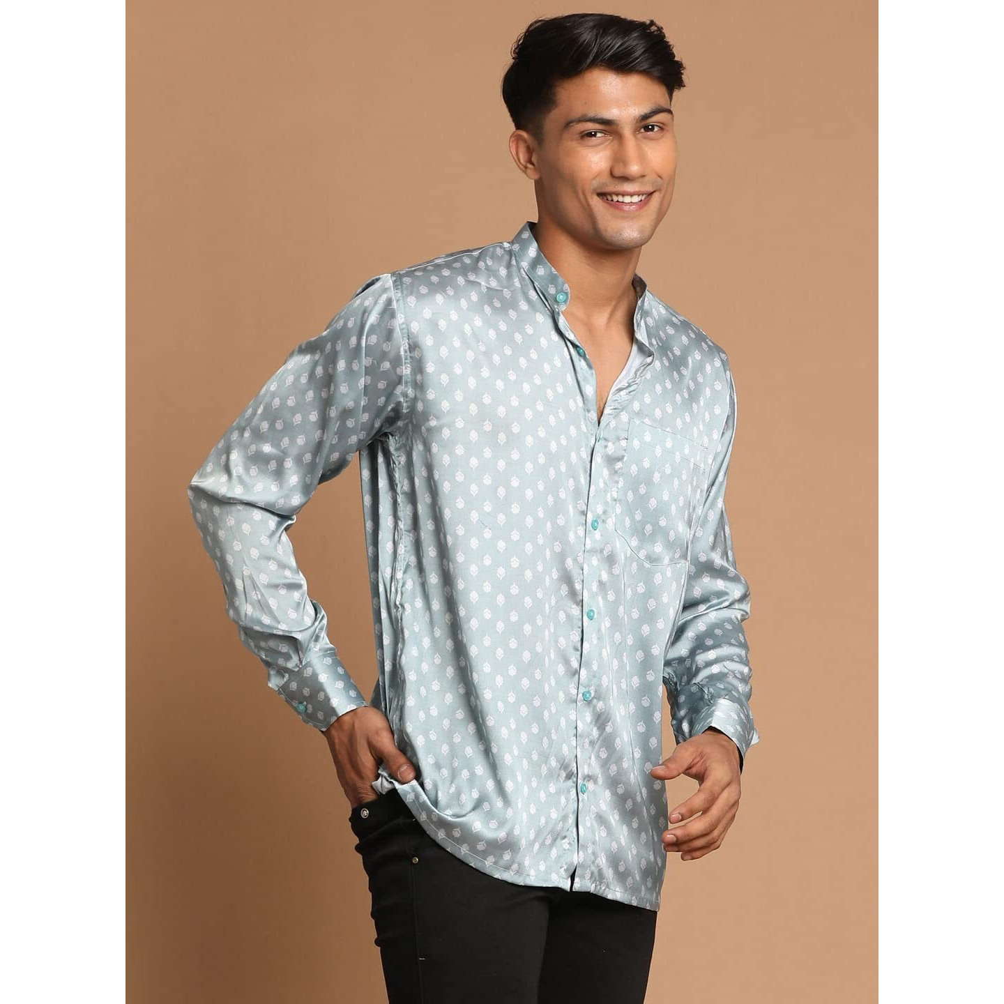 VASTRAMAY Men's Grey And White Satin Ethnic Shirt_VASMSH019GY_42