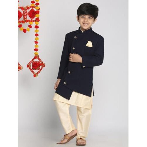 VASTRAMAY Boys' Navy Blue And Cream Indowestern Set