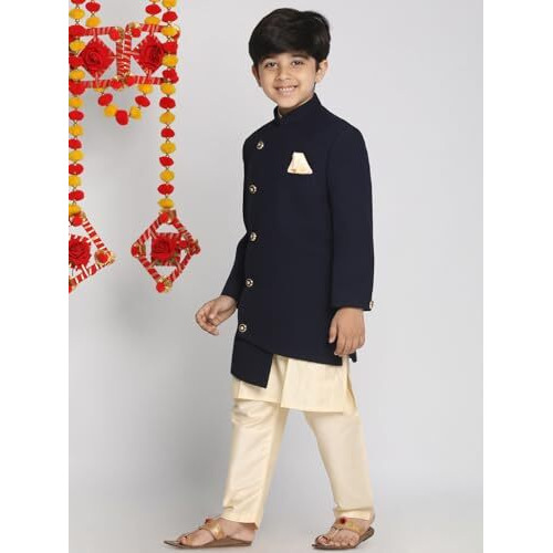 VASTRAMAY Boys' Navy Blue And Cream Indowestern Set