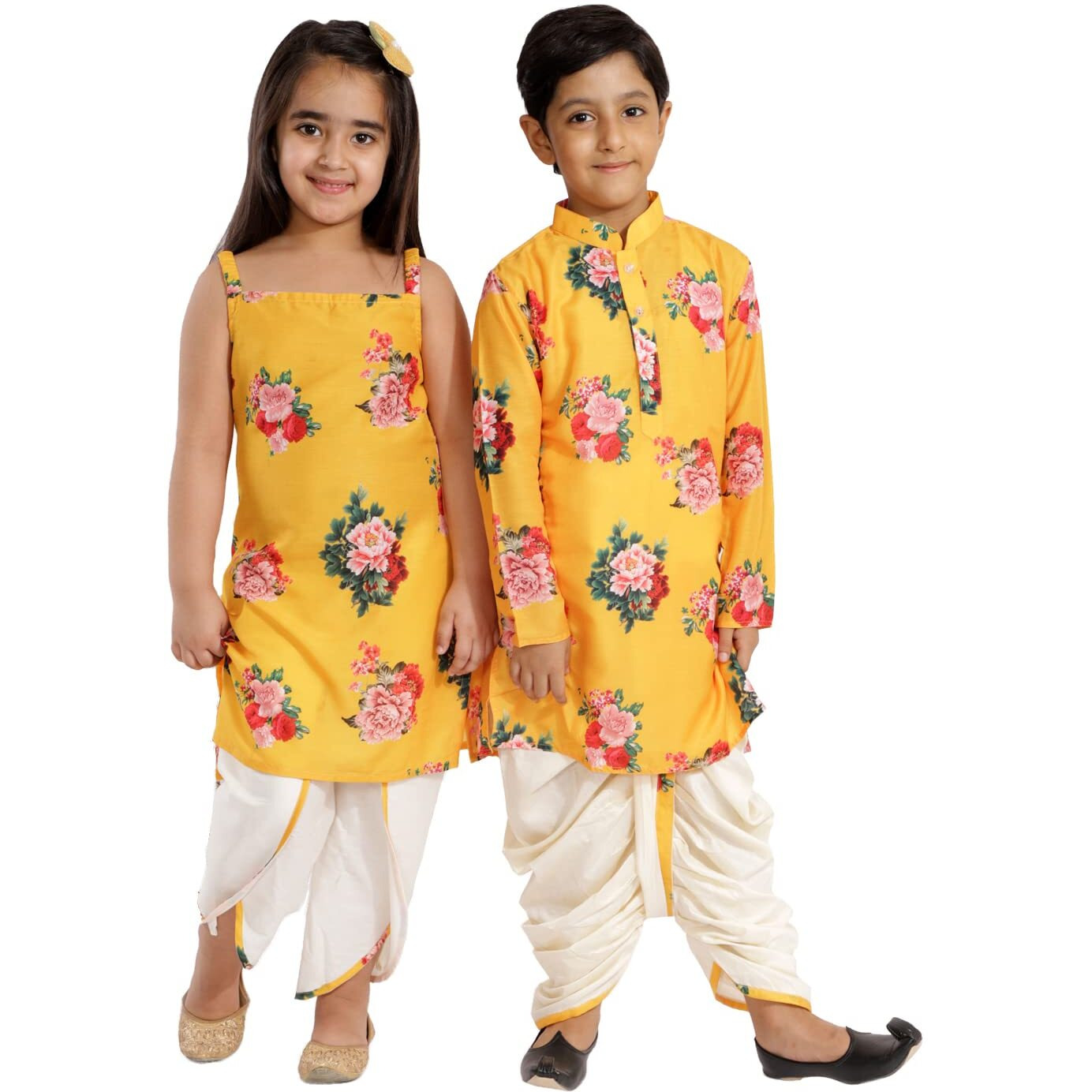 VASTRAMAY Boys' Multicolor-Base-Yellow Cotton Blend Kurta and Dhoti Set & Girls' Floral Printed Cotton Silk Kurta And Tulip Pants[Boy's (5-6 Years) / Girl's (3-4 Years)]