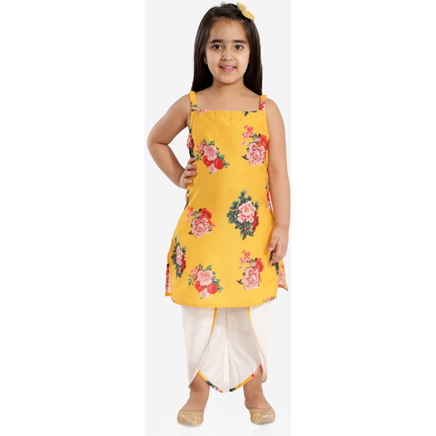 VASTRAMAY Boys' Multicolor-Base-Yellow Cotton Blend Kurta and Dhoti Set & Girls' Floral Printed Cotton Silk Kurta And Tulip Pants[Boy's (5-6 Years) / Girl's (3-4 Years)]