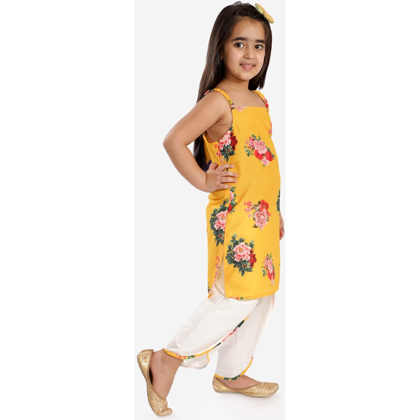 VASTRAMAY Boys' Multicolor-Base-Yellow Cotton Blend Kurta and Dhoti Set & Girls' Floral Printed Cotton Silk Kurta And Tulip Pants[Boy's (5-6 Years) / Girl's (3-4 Years)]