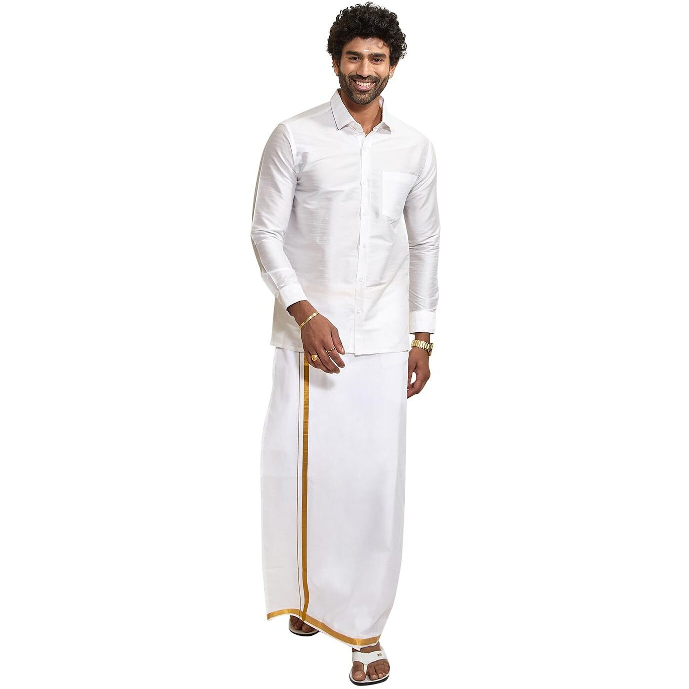 VASTRAMAY Men's White Silk Blend Full-Sleeve Shirt with 3-Meter Dhoti (Mundu) with Golden Border  Traditional South Indian Ethnic Wear