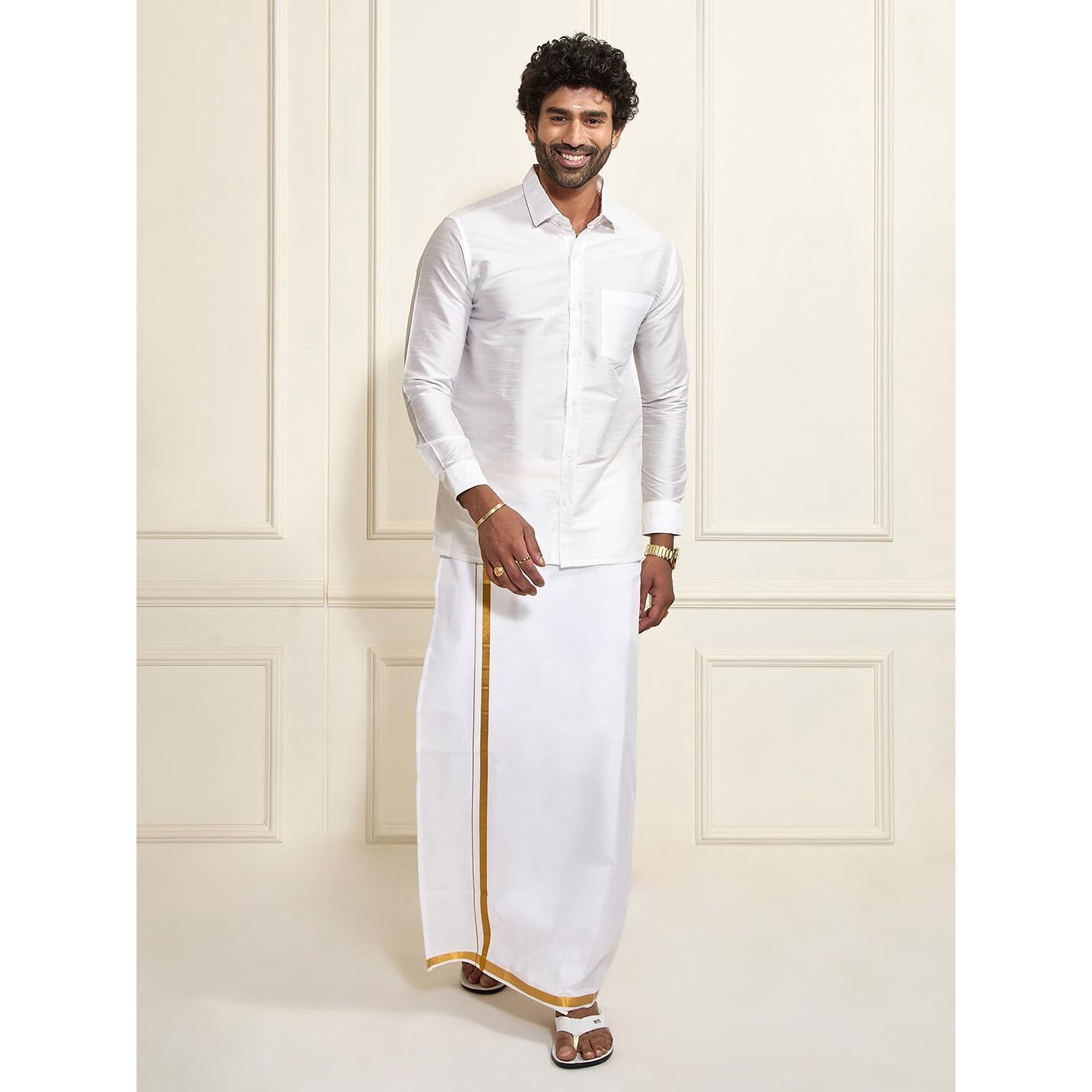 VASTRAMAY Men's White Silk Blend Full-Sleeve Shirt with 3-Meter Dhoti (Mundu) with Golden Border  Traditional South Indian Ethnic Wear