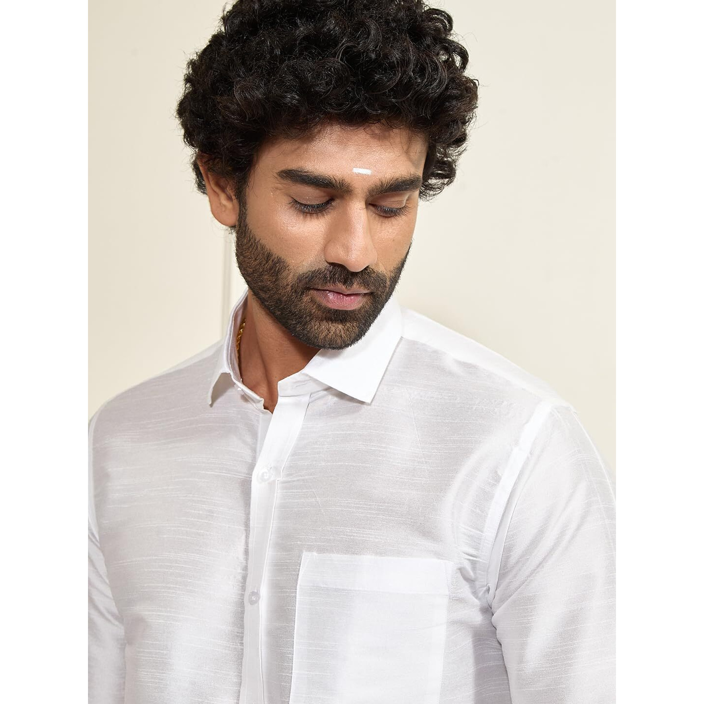VASTRAMAY Men's White Silk Blend Full-Sleeve Shirt with 3-Meter Dhoti (Mundu) with Golden Border  Traditional South Indian Ethnic Wear