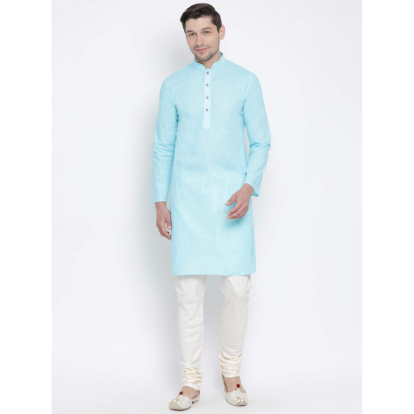 VASTRAMAY Men's Light Blue Cotton Linen Blend Kurta Pyjama Set_VASMK007AQnPLBCR_40