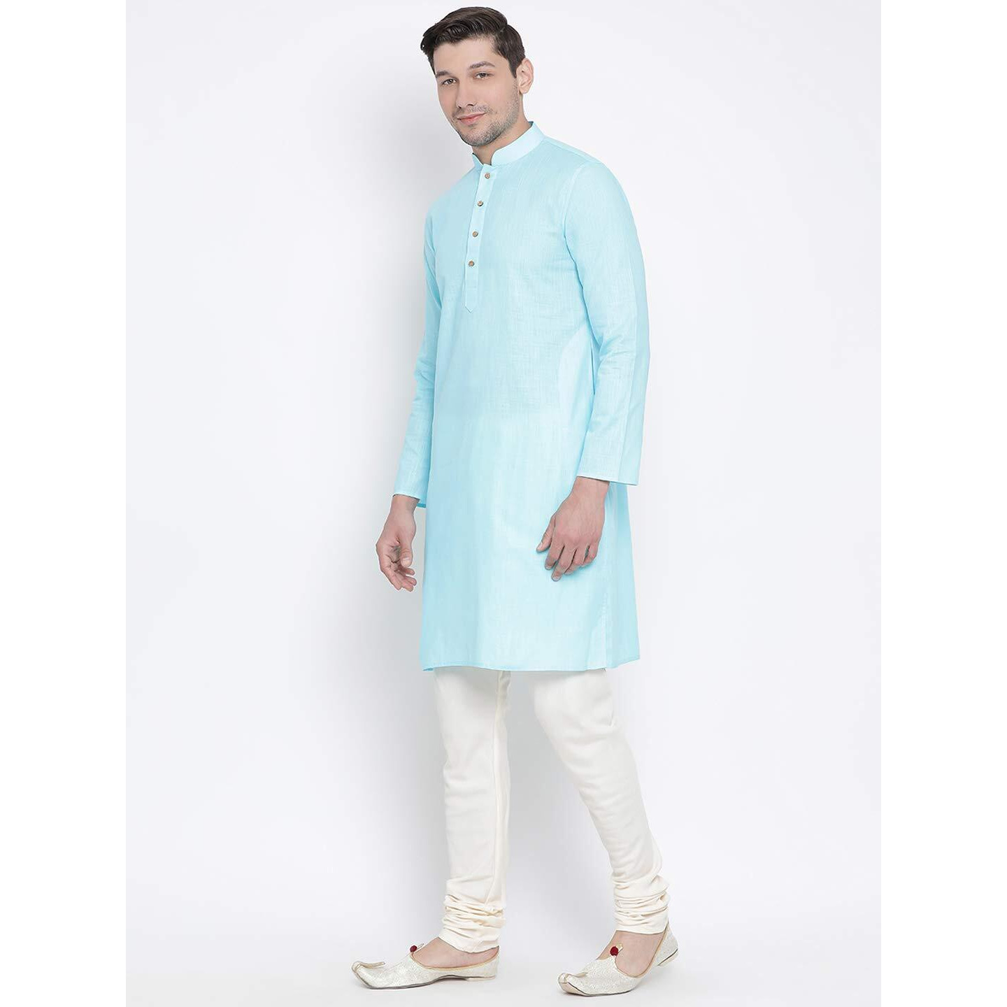 VASTRAMAY Men's Light Blue Cotton Linen Blend Kurta Pyjama Set_VASMK007AQnPLBCR_40