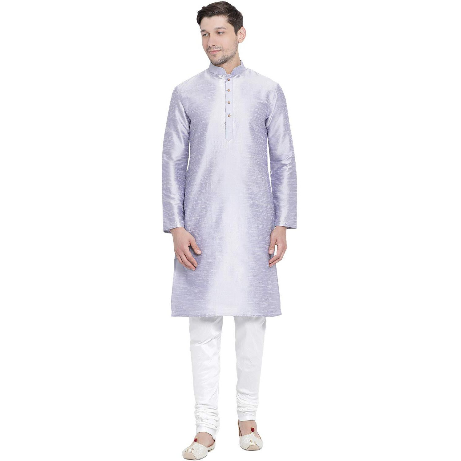 VASTRAMAY Men's Bluish White Cotton Silk Blend Kurta and Pyjama Set_VASMKHA001nPDWH_42