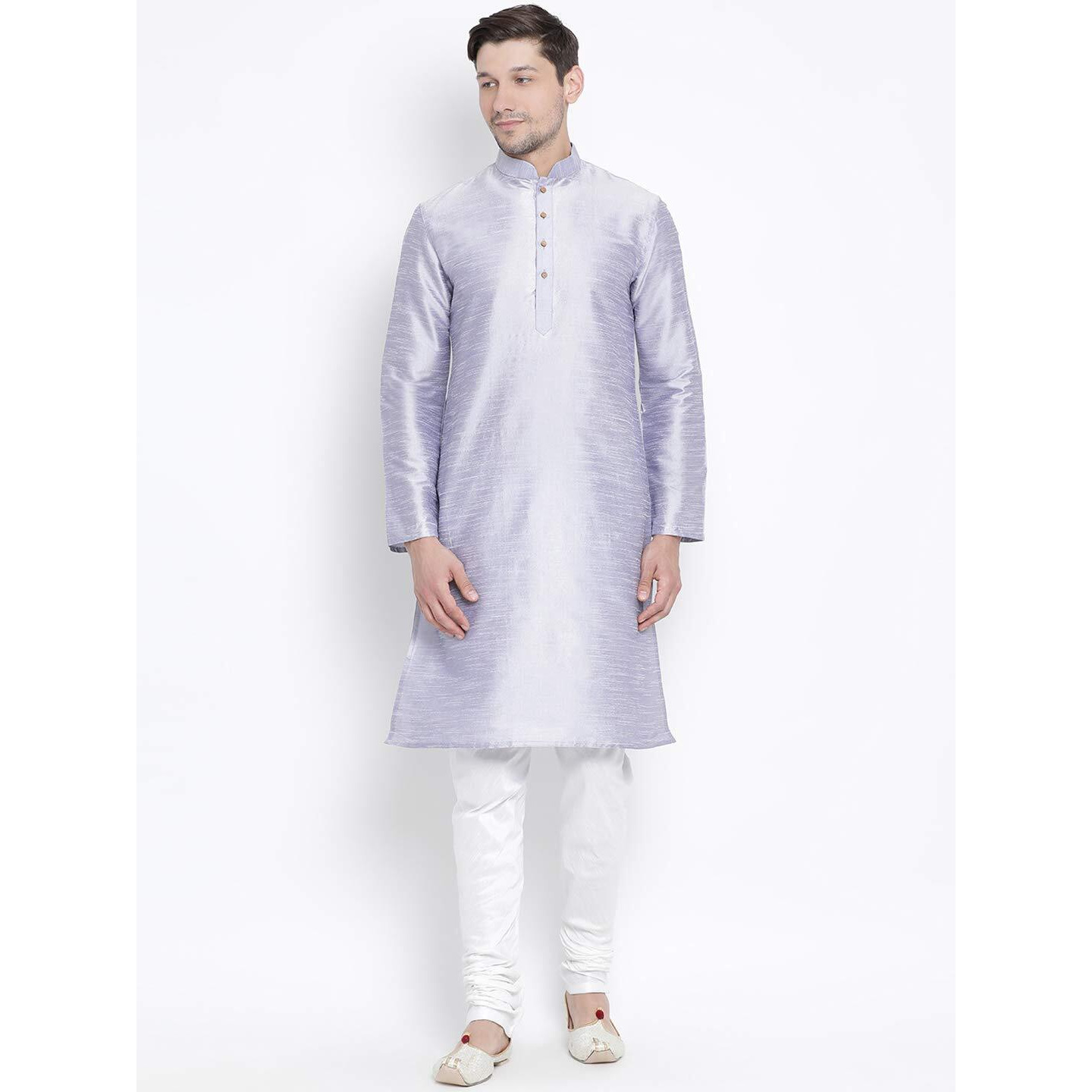 VASTRAMAY Men's Bluish White Cotton Silk Blend Kurta and Pyjama Set_VASMKHA001nPDWH_42