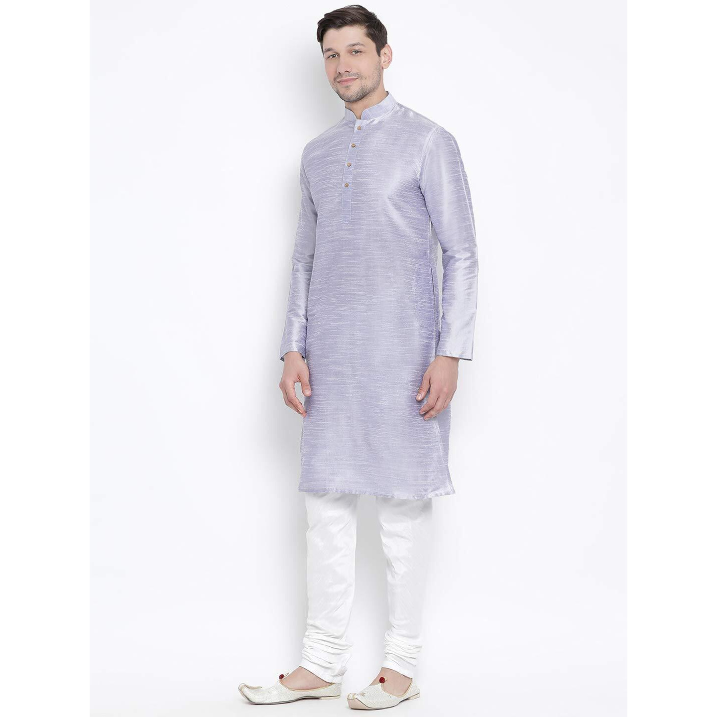 VASTRAMAY Men's Bluish White Cotton Silk Blend Kurta and Pyjama Set_VASMKHA001nPDWH_42