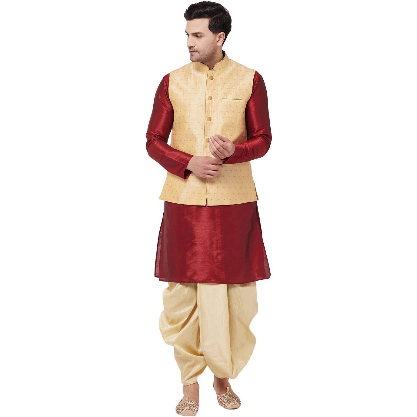 VASTRAMAY Men's Maroon And Gold Silk Blend Jacket, Kurta and Dhoti Set_VASMJ009GOnKMA001nDTGO_36
