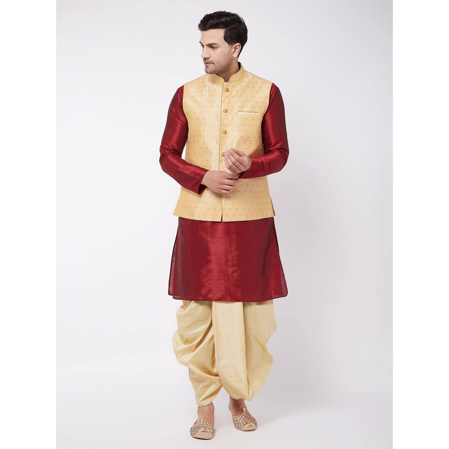 VASTRAMAY Men's Maroon And Gold Silk Blend Jacket, Kurta and Dhoti Set_VASMJ009GOnKMA001nDTGO_36