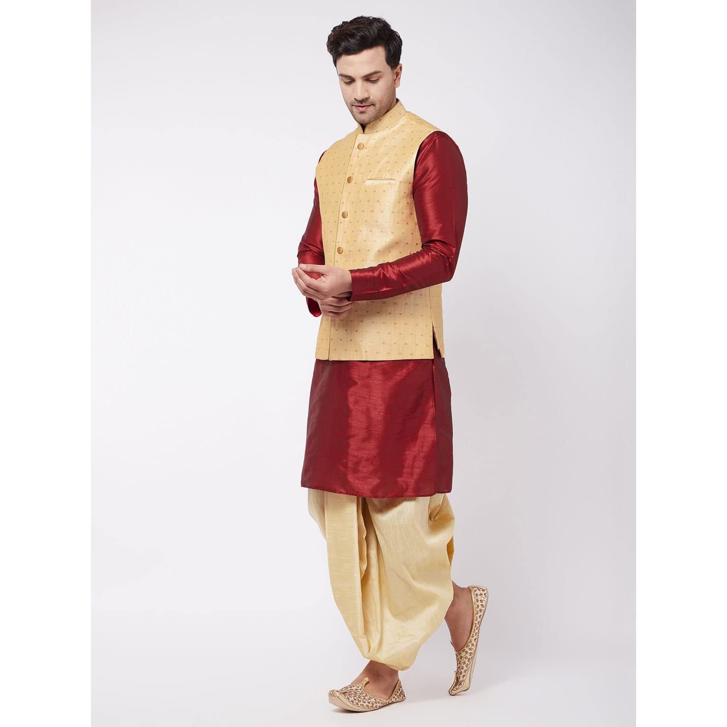 VASTRAMAY Men's Maroon And Gold Silk Blend Jacket, Kurta and Dhoti Set_VASMJ009GOnKMA001nDTGO_36