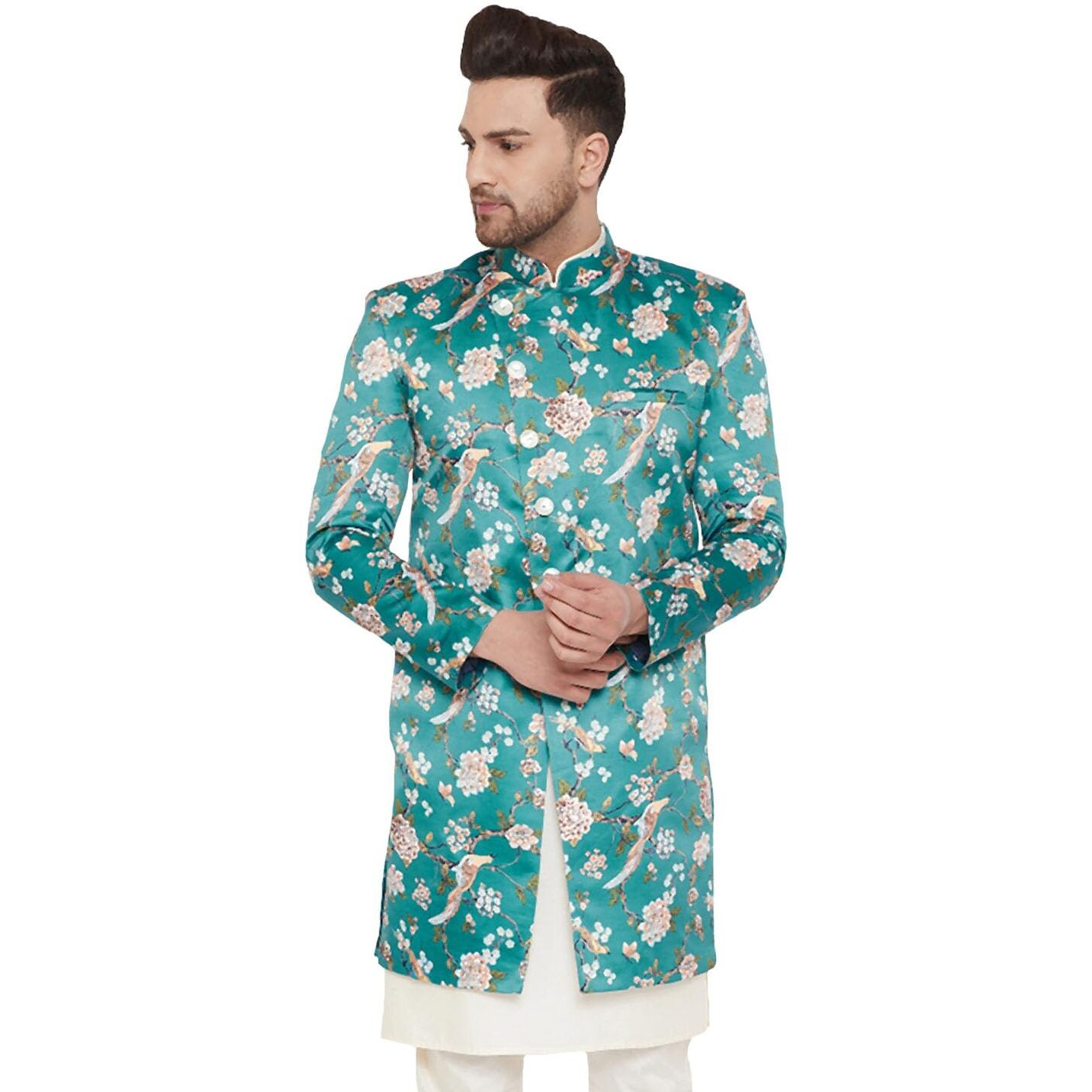 VASTRAMAY Men's Multicolor Base Blue Silk Blend Sherwani Only Top_VASMIW019_40