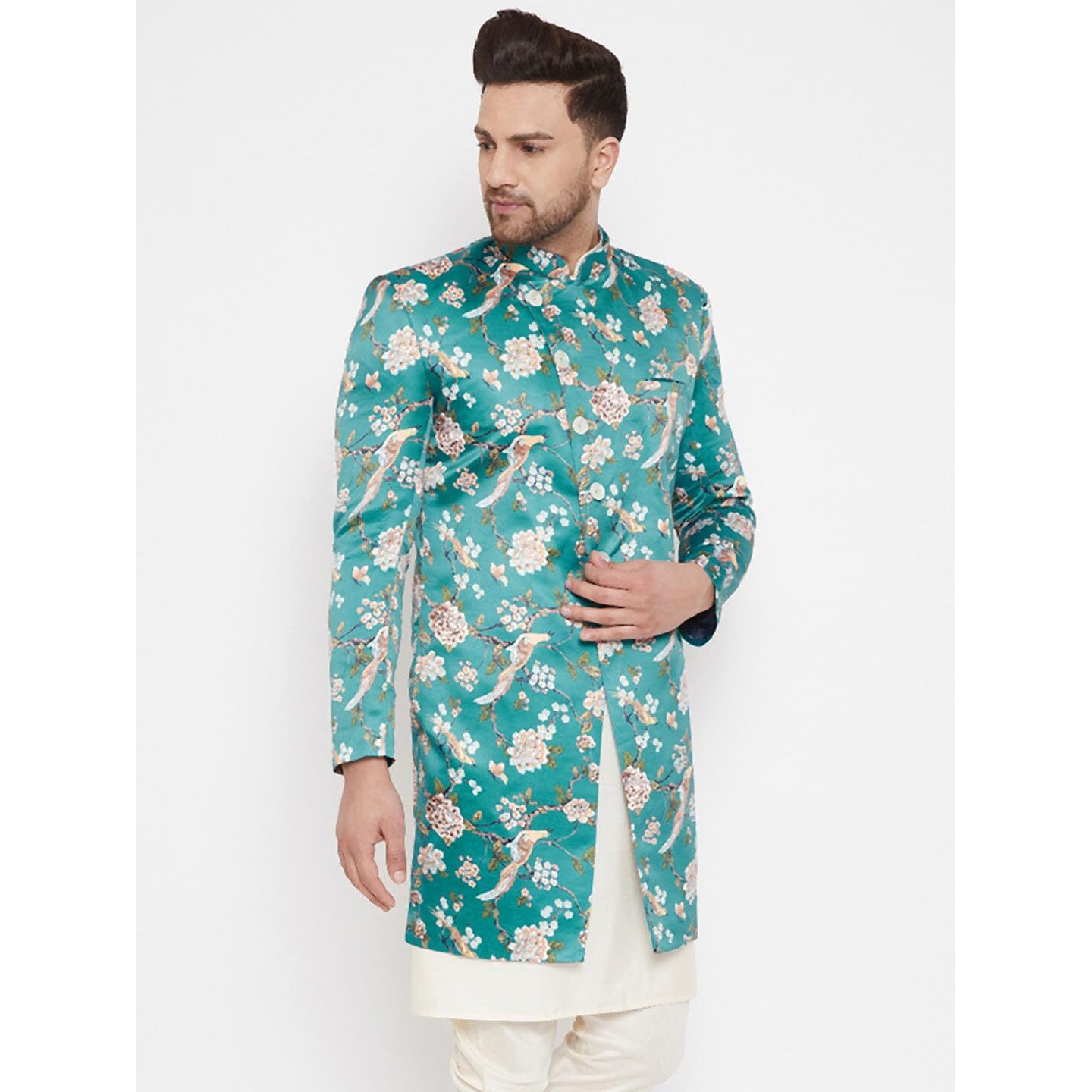 VASTRAMAY Men's Multicolor Base Blue Silk Blend Sherwani Only Top_VASMIW019_40