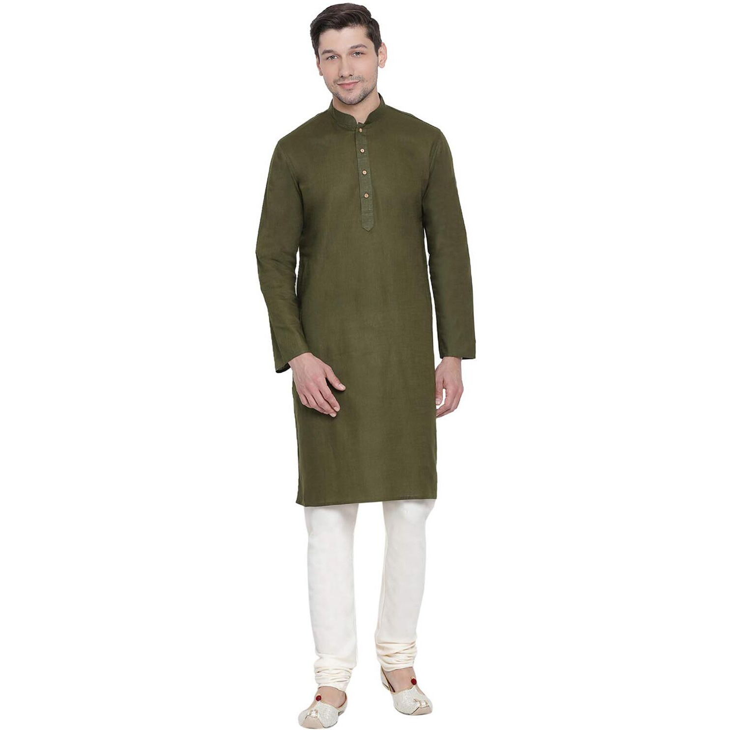 VASTRAMAY Men's Green Cotton Linen Blend Kurta Pyjama Set_VASMK007MInPLBCR_40