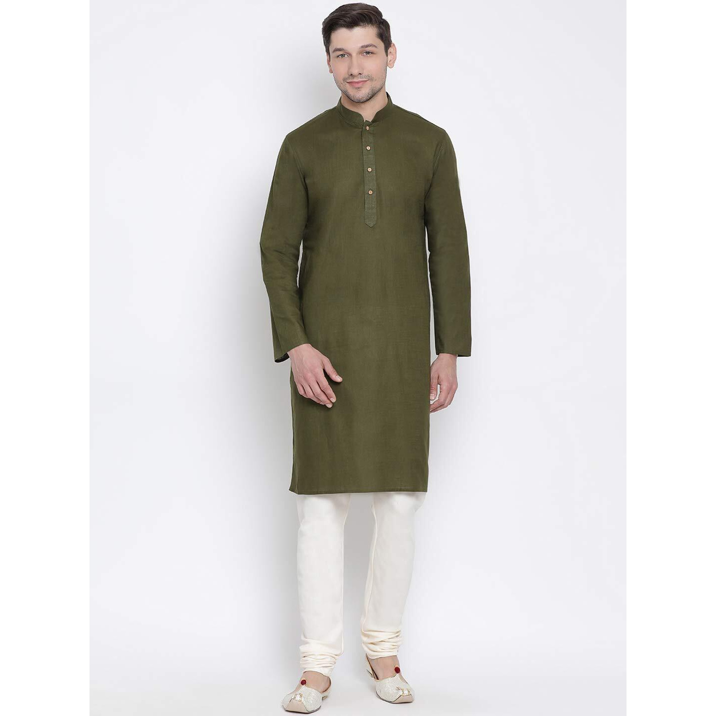 VASTRAMAY Men's Green Cotton Linen Blend Kurta Pyjama Set_VASMK007MInPLBCR_40