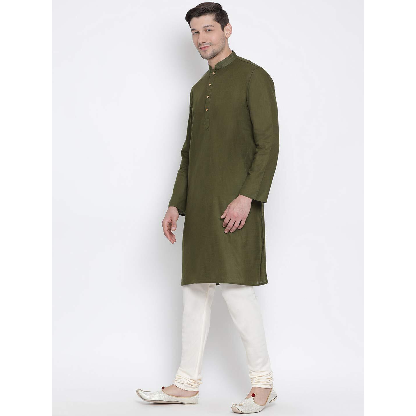 VASTRAMAY Men's Green Cotton Linen Blend Kurta Pyjama Set_VASMK007MInPLBCR_40