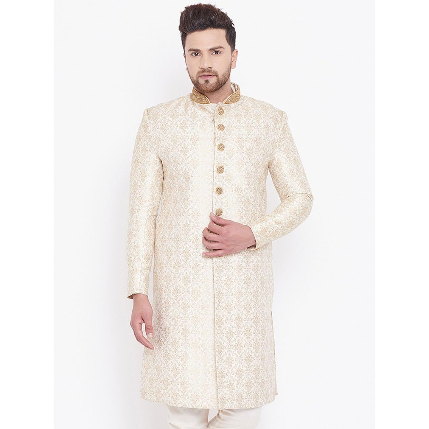 VASTRAMAY Men's Beige And Gold Silk Blend Sherwani Only Top_VASMSW127BG_36
