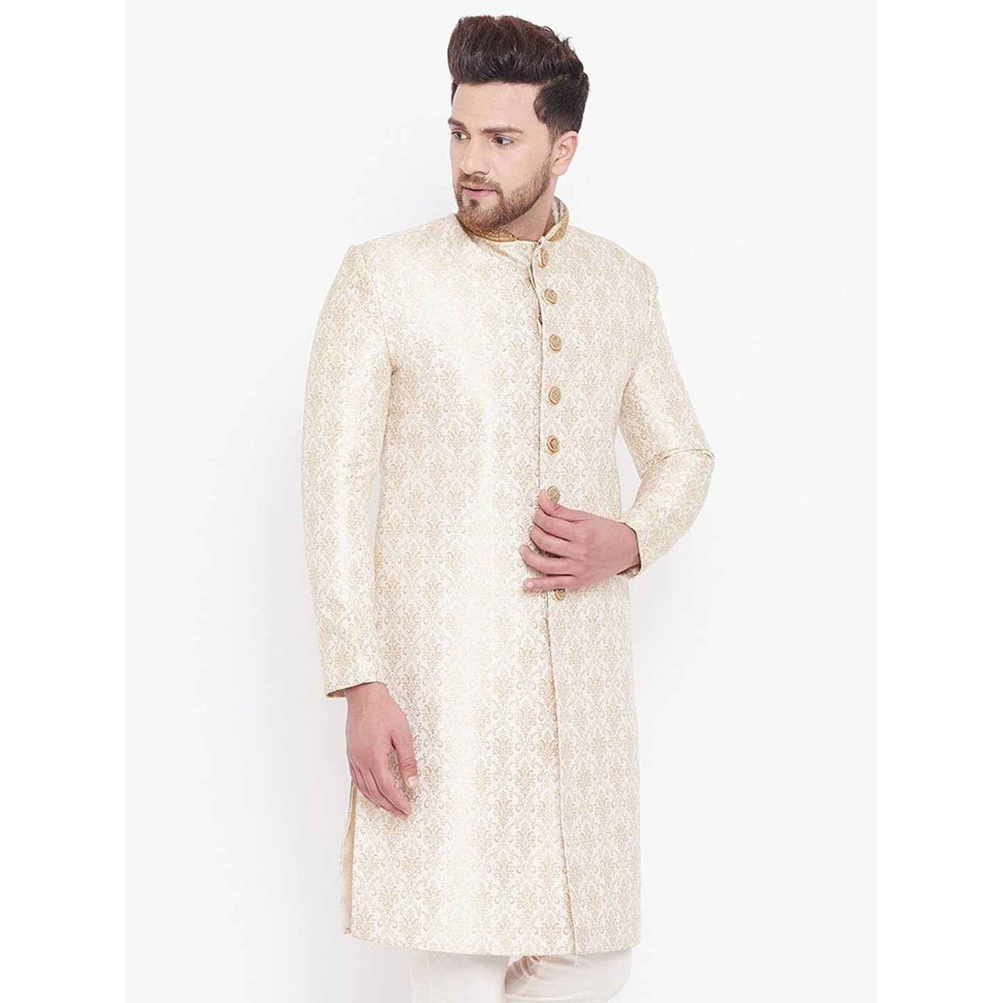 VASTRAMAY Men's Beige And Gold Silk Blend Sherwani Only Top_VASMSW127BG_36