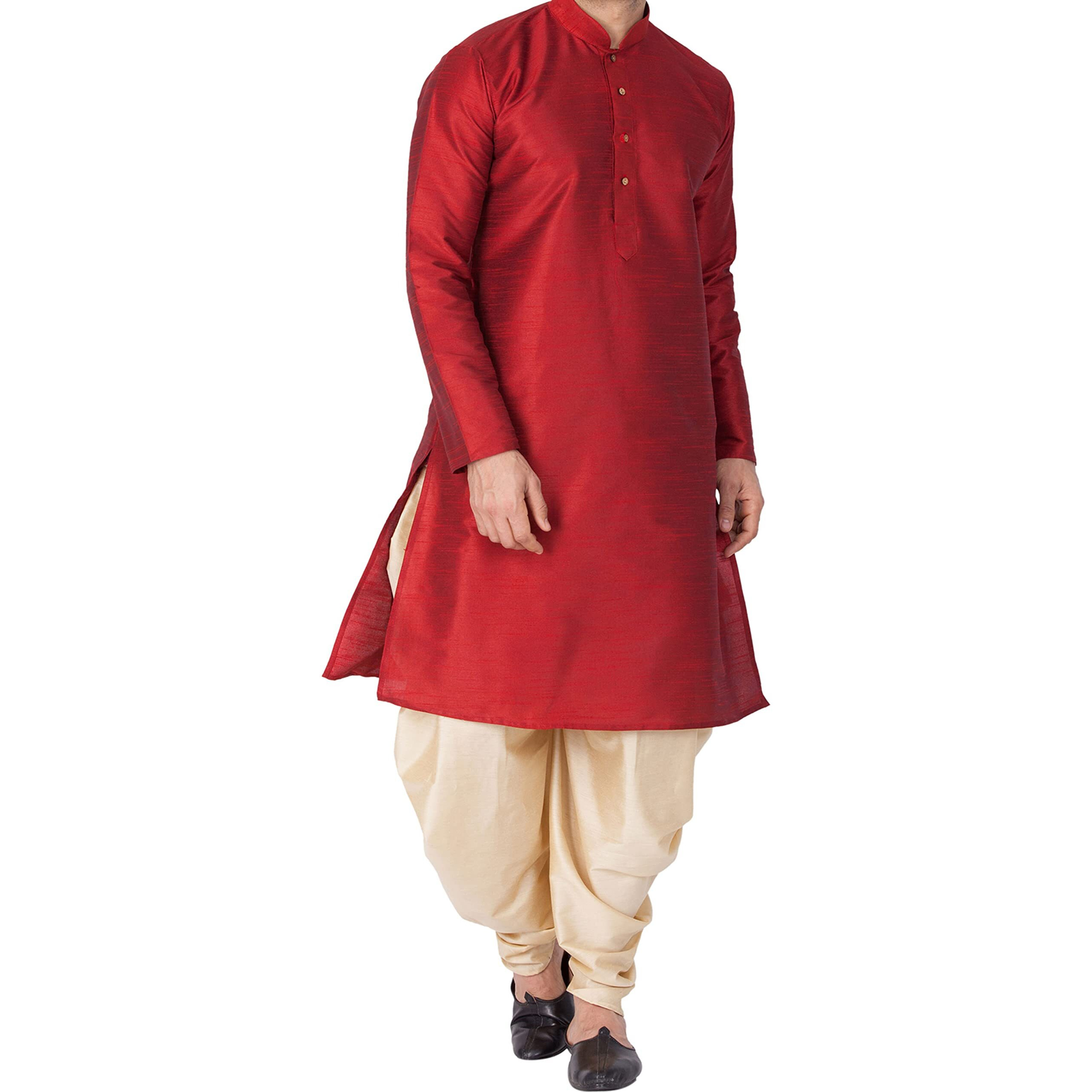 VASTRAMAY Men Cotton Silk Kurta and Cowl Dhoti Pant Set (Maroon_VASMKMA001nCDGO_46)