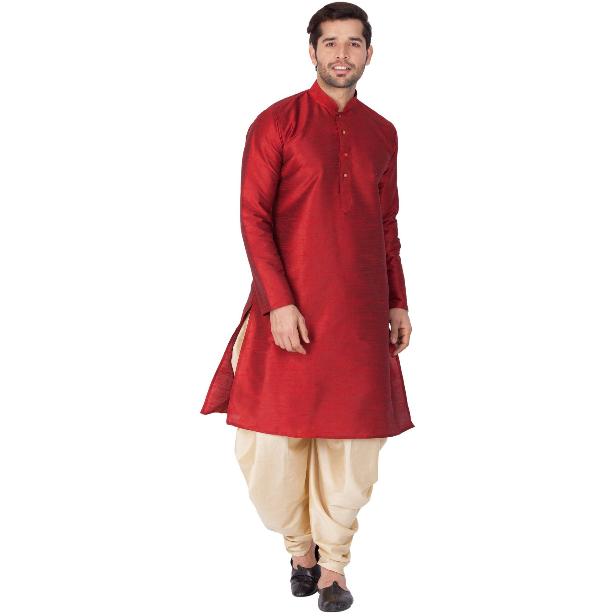 VASTRAMAY Men Cotton Silk Kurta and Cowl Dhoti Pant Set (Maroon_VASMKMA001nCDGO_46)