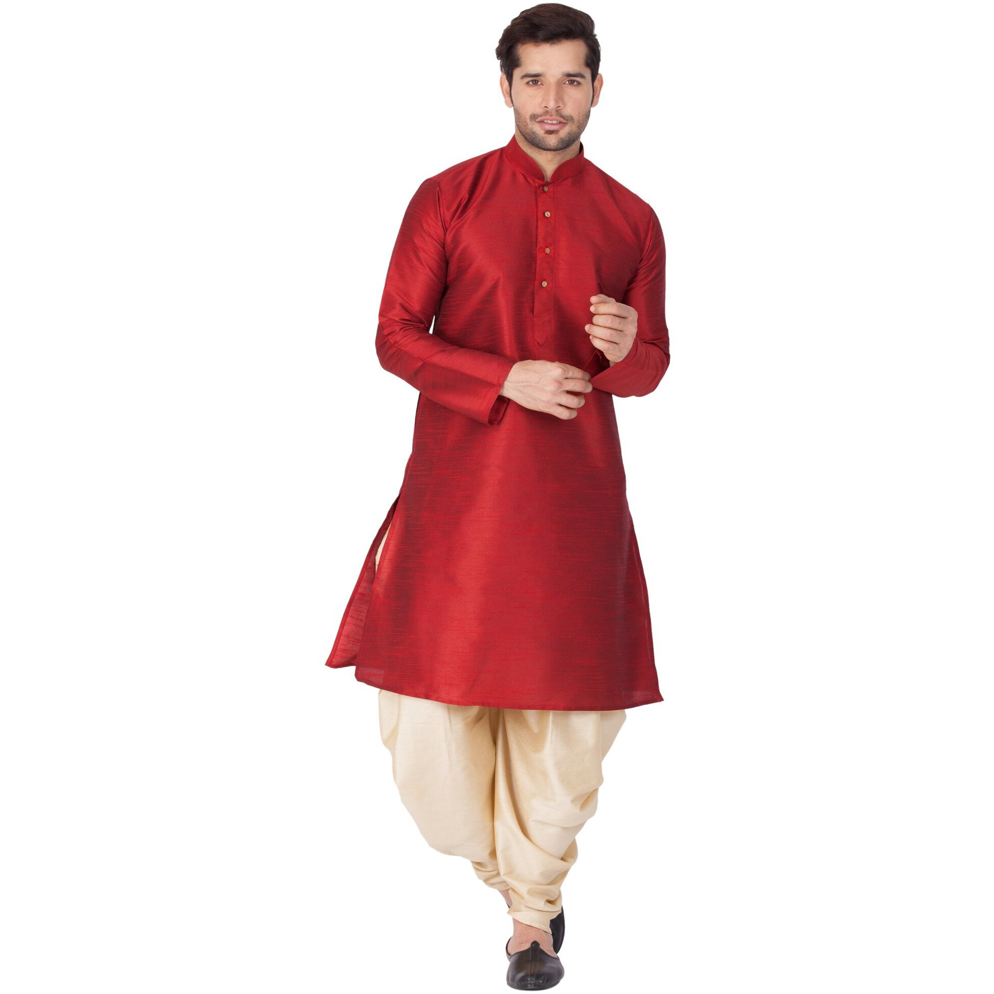 VASTRAMAY Men Cotton Silk Kurta and Cowl Dhoti Pant Set (Maroon_VASMKMA001nCDGO_46)