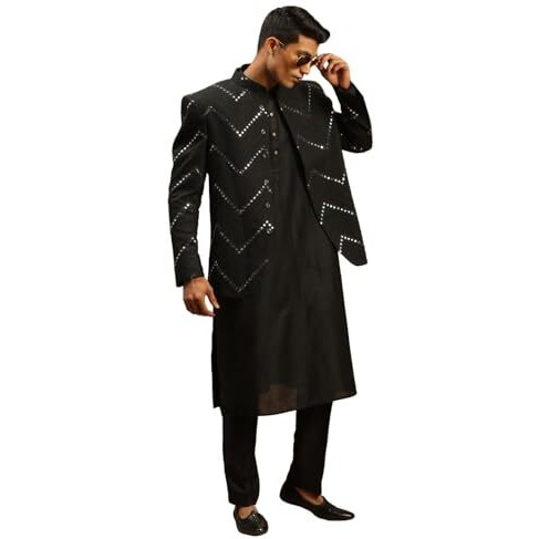 VASTRAMAY Men's Black Viscose Ethnic Combo Set | Mirror work Embellished Viscose Jodhpuri Coat For Men. This Set Contain Viscose Kurta And Pant Style Pyjama.