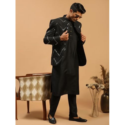 VASTRAMAY Men's Black Viscose Ethnic Combo Set | Mirror work Embellished Viscose Jodhpuri Coat For Men. This Set Contain Viscose Kurta And Pant Style Pyjama.