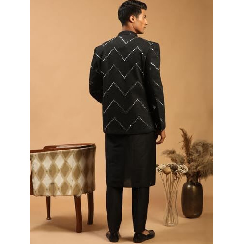 VASTRAMAY Men's Black Viscose Ethnic Combo Set | Mirror work Embellished Viscose Jodhpuri Coat For Men. This Set Contain Viscose Kurta And Pant Style Pyjama.