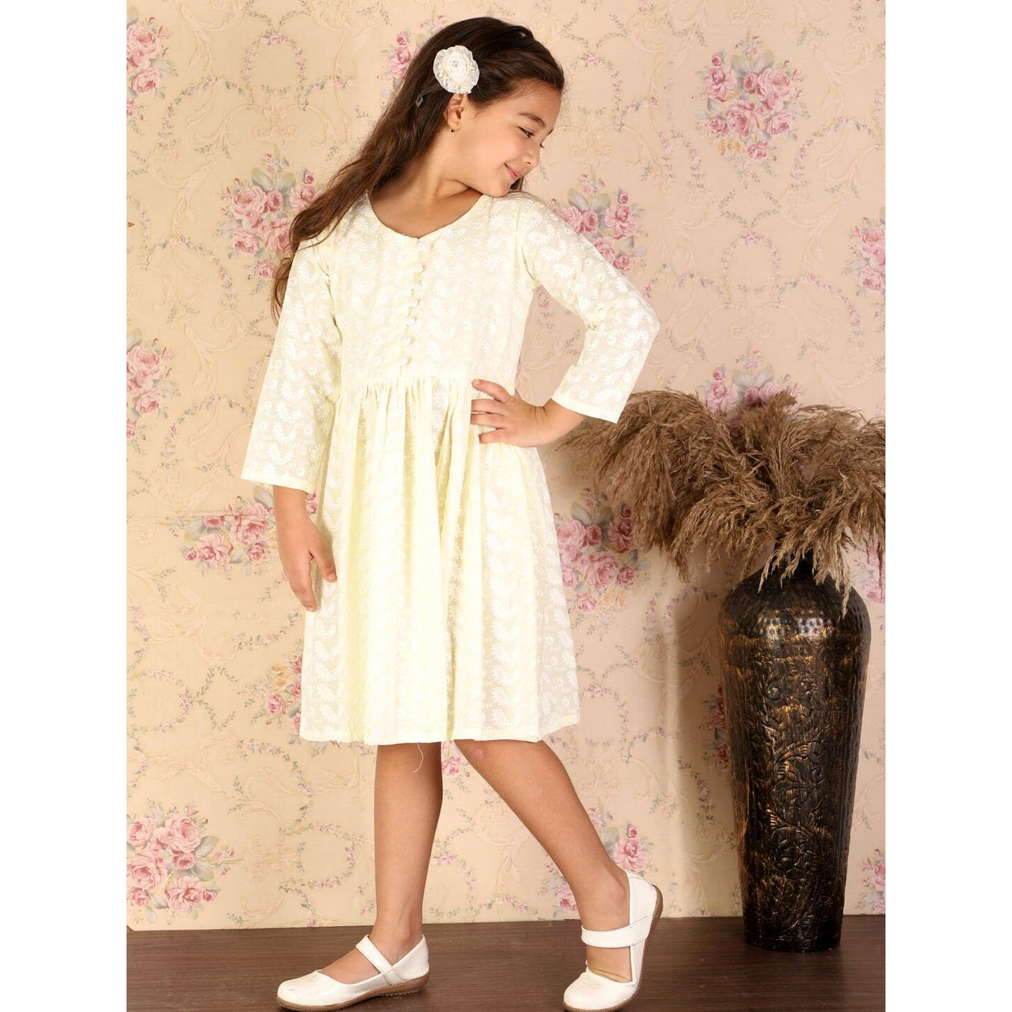VASTRAMAY Girls' Yellow Ethnic Chikankari Dress_VASGK094YW_26