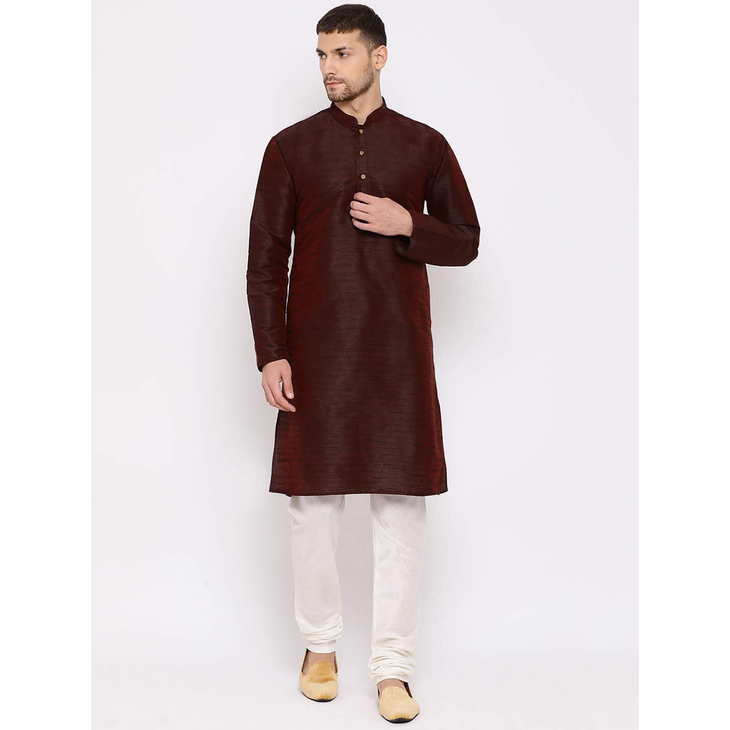 VASTRAMAY Men's Wine Silk Blend Kurta Pyjama set_VASMK001WNnPCR_40