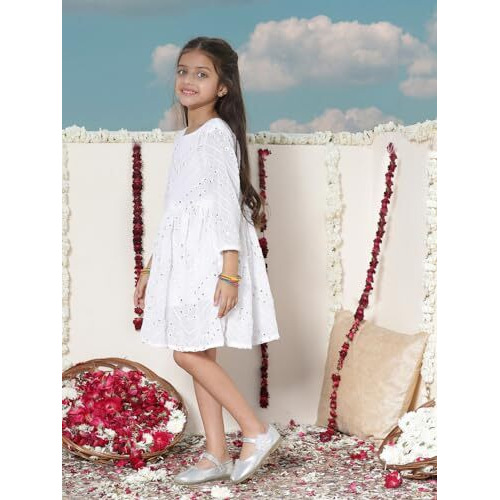 VASTRAMAY Girls' White Mirror Work Embroidery Ethnic Dress_VASGK133WH_22