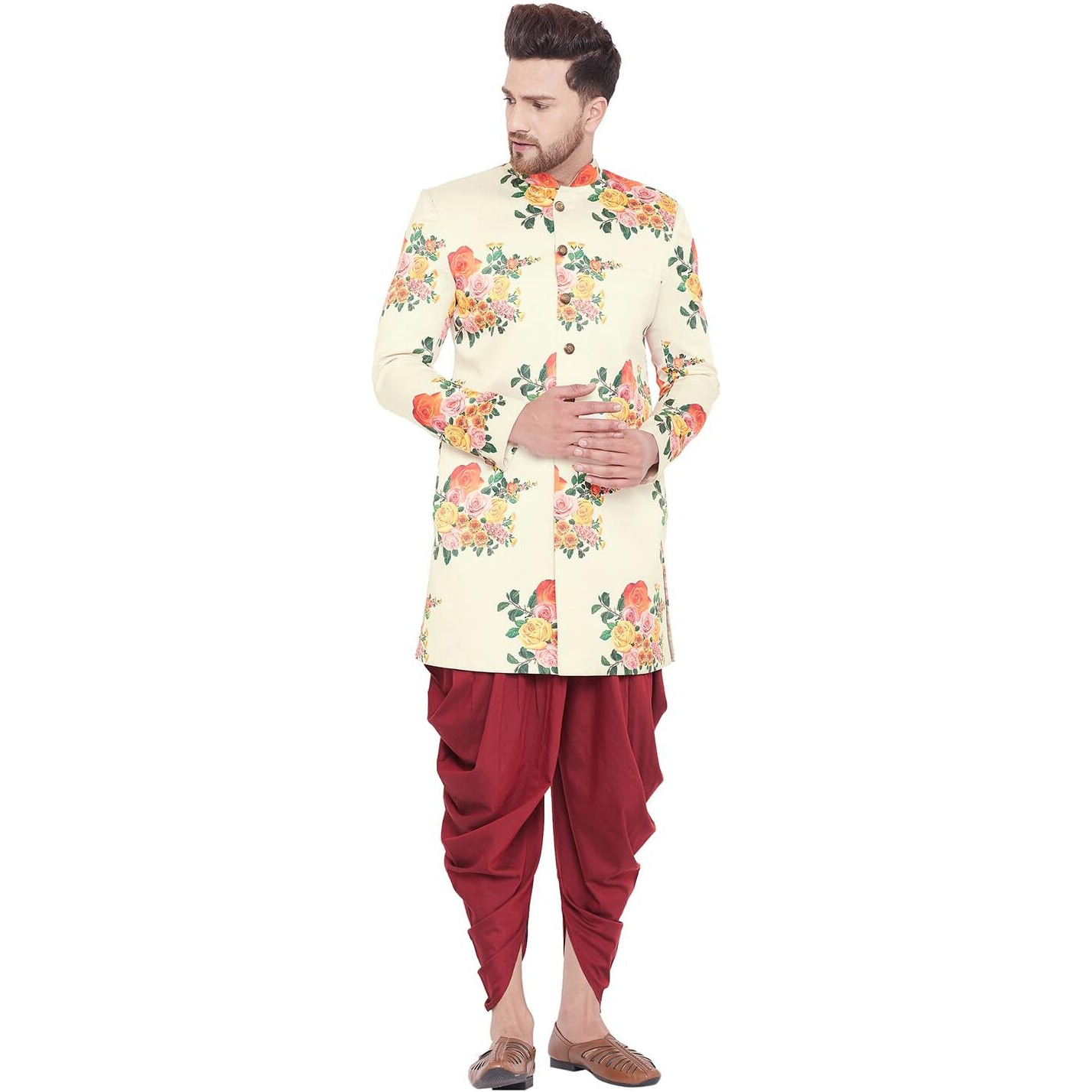 VASTRAMAY Men's Multicolor Floral And Maroon Silk Blend Sherwani Set_VASMIW002nCDMA_36