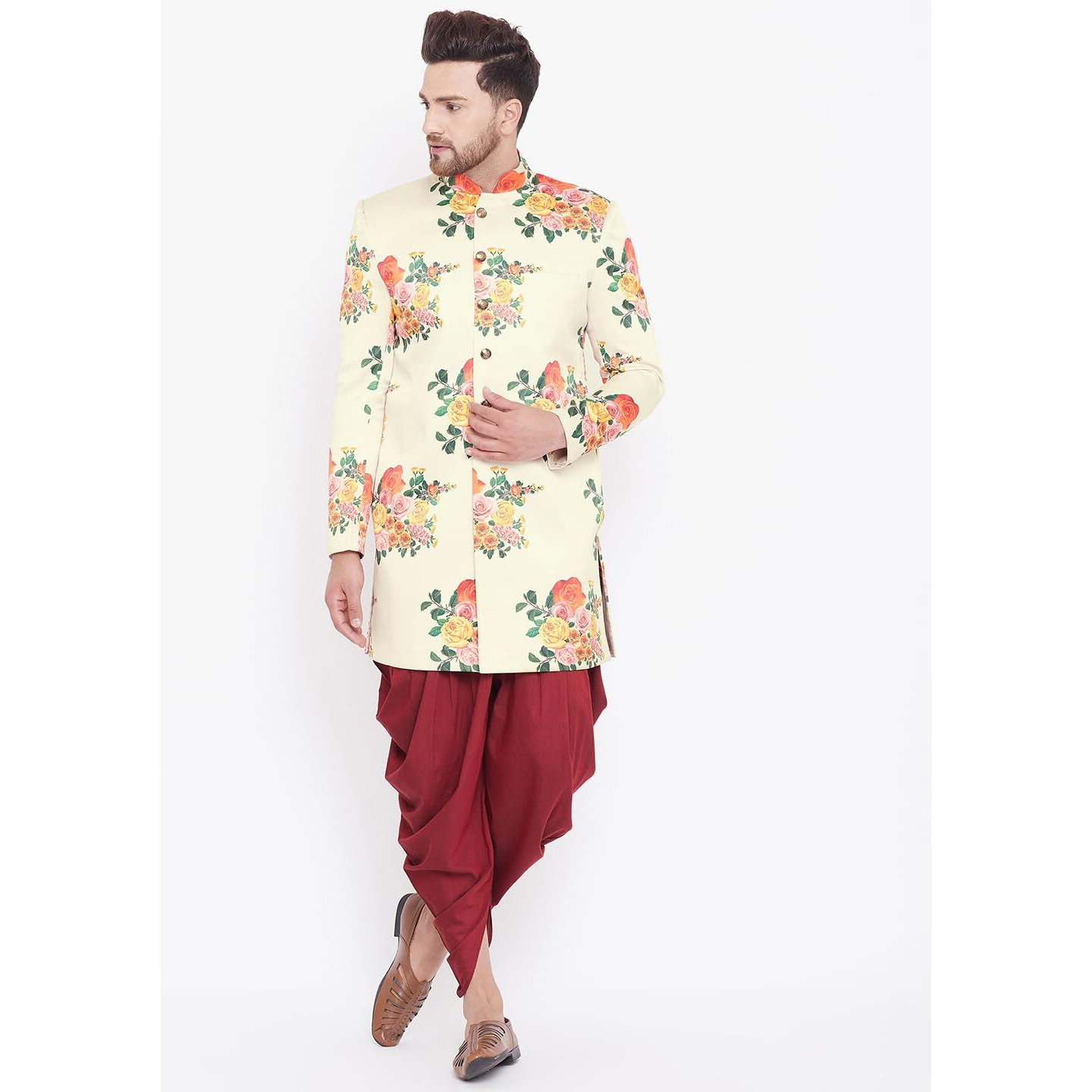 VASTRAMAY Men's Multicolor Floral And Maroon Silk Blend Sherwani Set_VASMIW002nCDMA_36