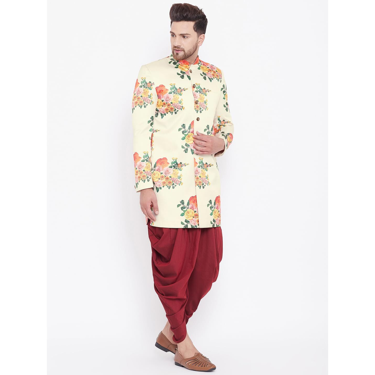VASTRAMAY Men's Multicolor Floral And Maroon Silk Blend Sherwani Set_VASMIW002nCDMA_36