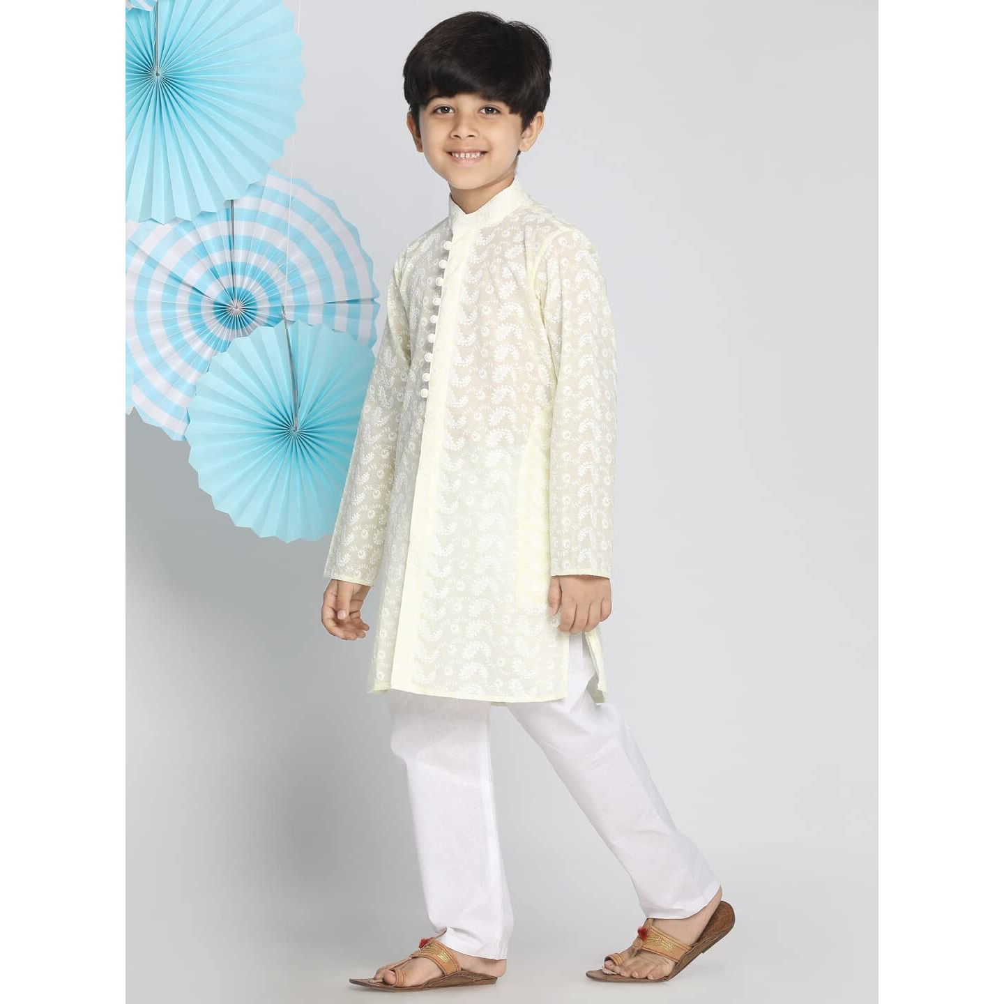 VASTRAMAY Boys' Yellow And White Kurta Pyjama Set | Classic Ensemble Of Lukhnowi Chikankari Kurta & Pyjama for Navratri, Diwali & Festive Celebrations - Stylish and Comfortable Indian Outfit for Kids