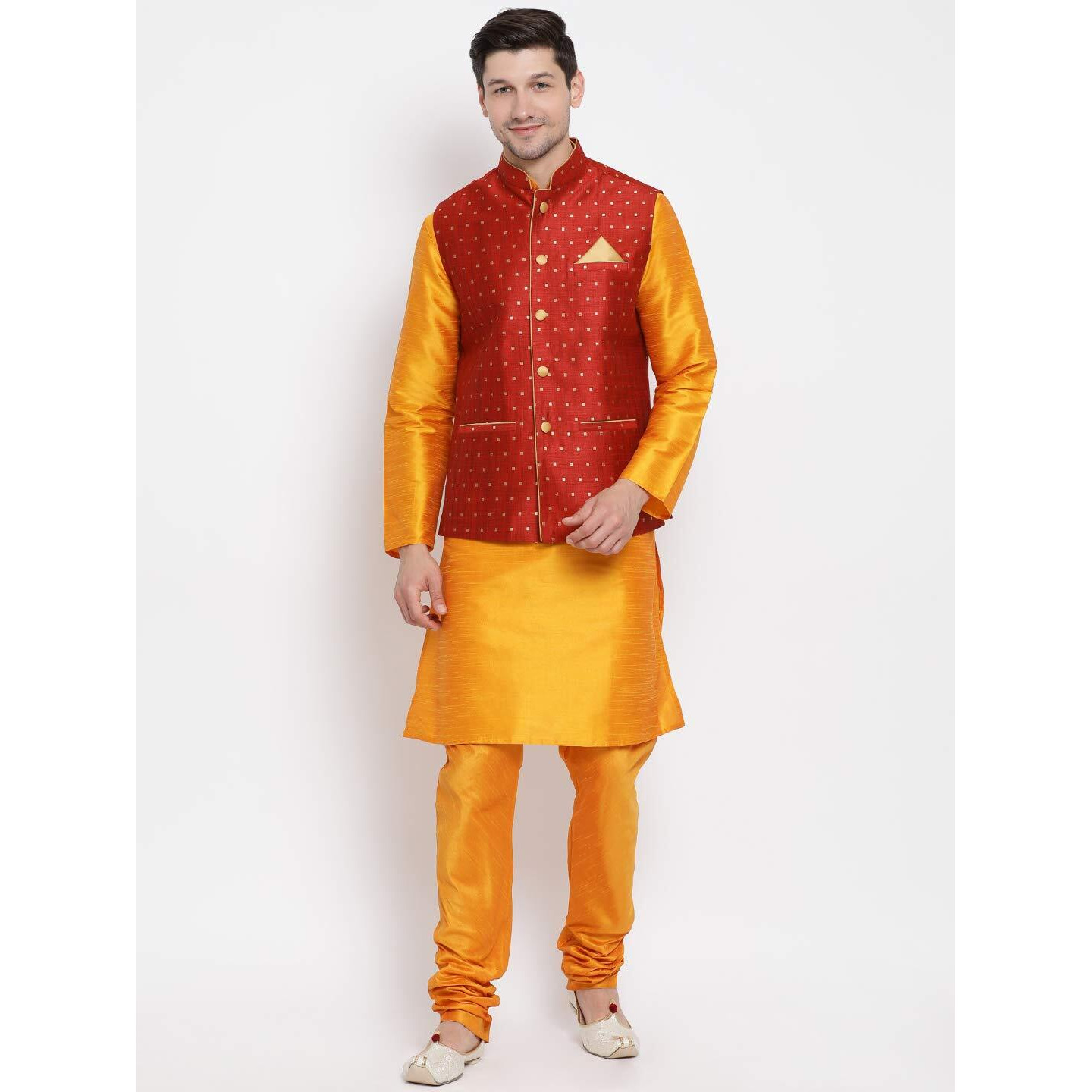 VASTRAMAY Men's Orange Cotton Silk Blend Kurta, Ethnic Jacket and Pyjama Set_VASMJ009MAnMKOR001nPOR_40