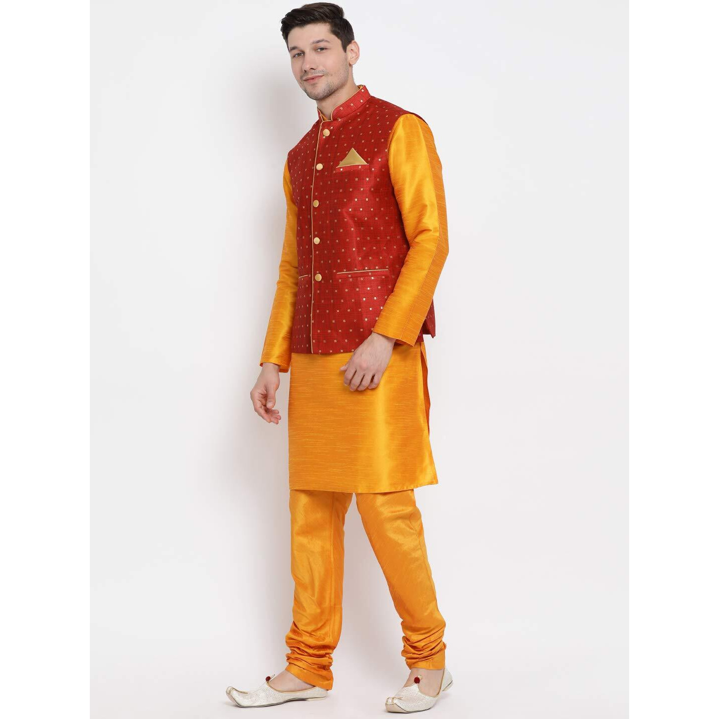 VASTRAMAY Men's Orange Cotton Silk Blend Kurta, Ethnic Jacket and Pyjama Set_VASMJ009MAnMKOR001nPOR_40