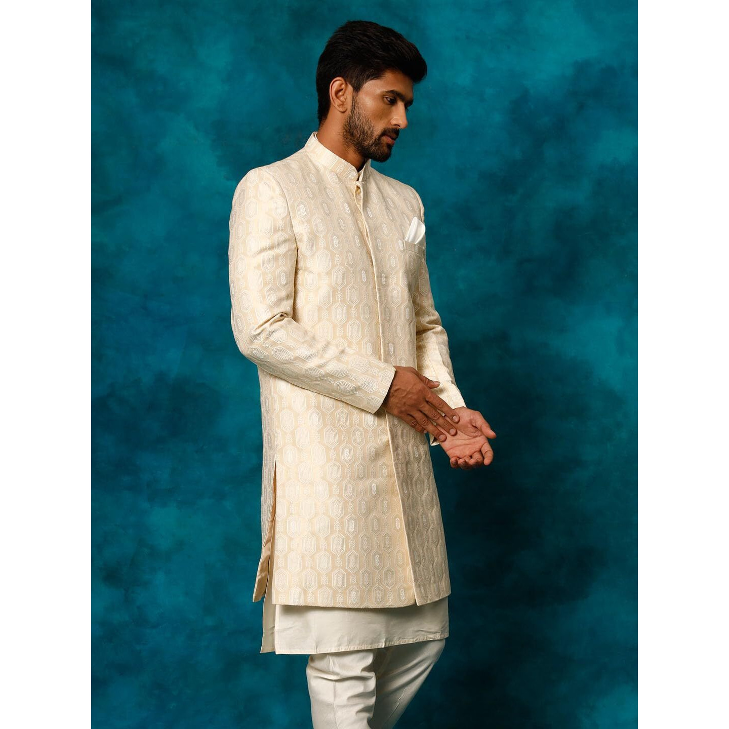 VASTRAMAY Men's Beige Silk Blend Sherwani Only Top_VASMIW252BG_40