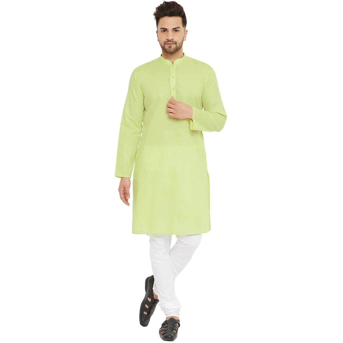 VASTRAMAY Men's Green And White Cotton Blend Kurta Pyjama Set-VASMK102GNnPCWH_42