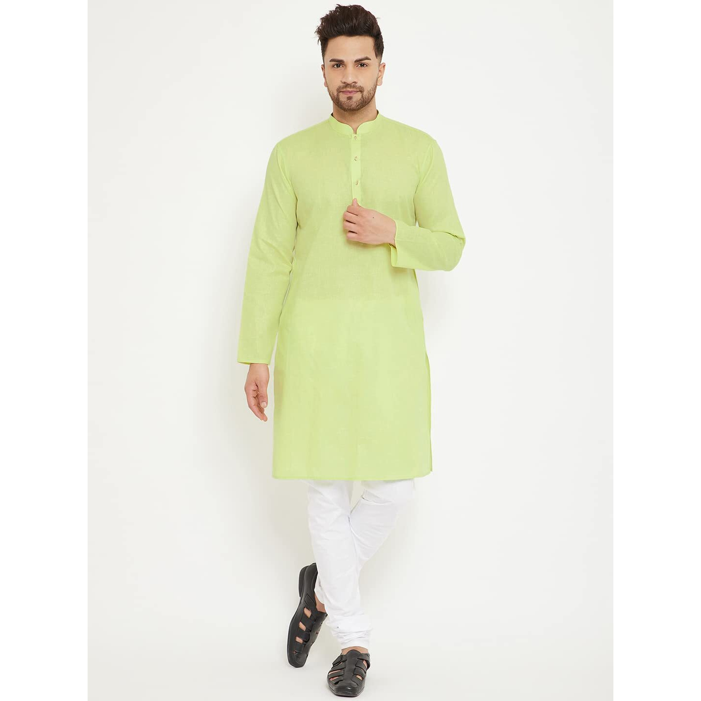 VASTRAMAY Men's Green And White Cotton Blend Kurta Pyjama Set-VASMK102GNnPCWH_42