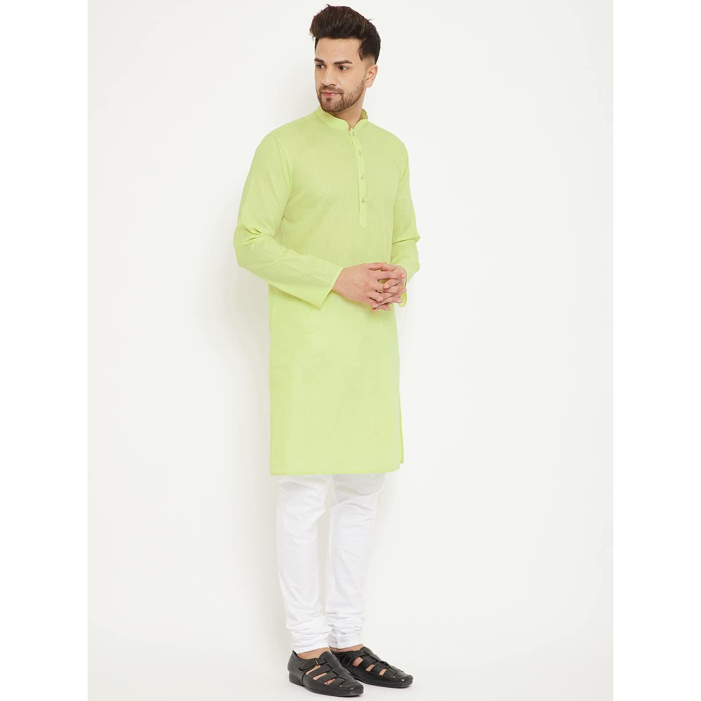 VASTRAMAY Men's Green And White Cotton Blend Kurta Pyjama Set-VASMK102GNnPCWH_42