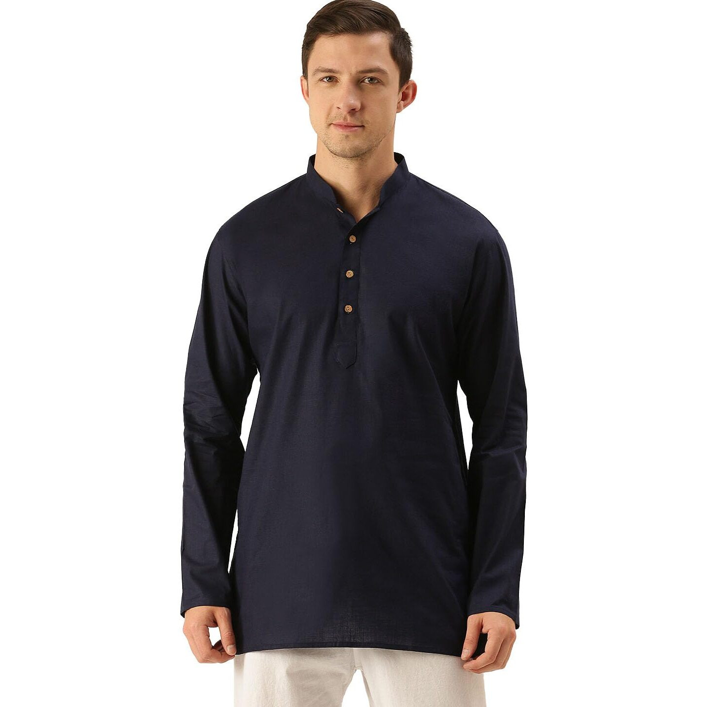 VASTRAMAY Men's Navy Blue Cotton Linen Short Kurta-VASMMK006NB_38