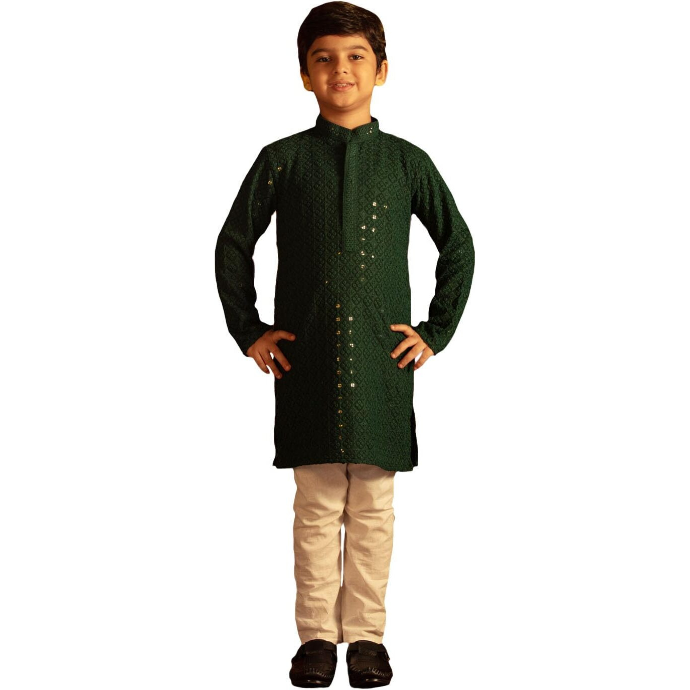 VASTRAMAY Boys' Green And White Kurta Pyjama Set | Luxury traditional Embroidery Indian kurta pajama set for Navratri, Diwali & Festive Celebrations - Stylish and Comfortable Indian Outfit for Kids
