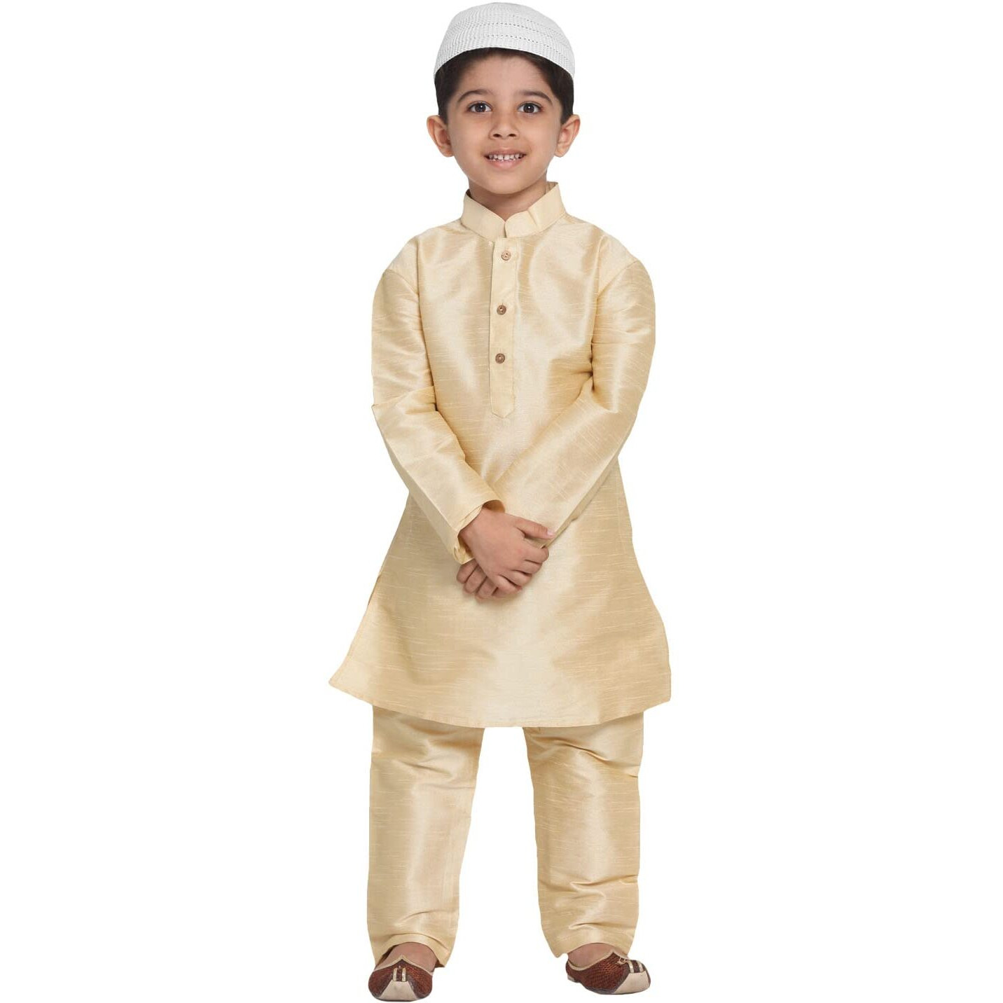 VASTRAMAY Boys' Gold Silk Blend Kurta Pyjama Set with Cap-VASBKGO001nPGOnC_30